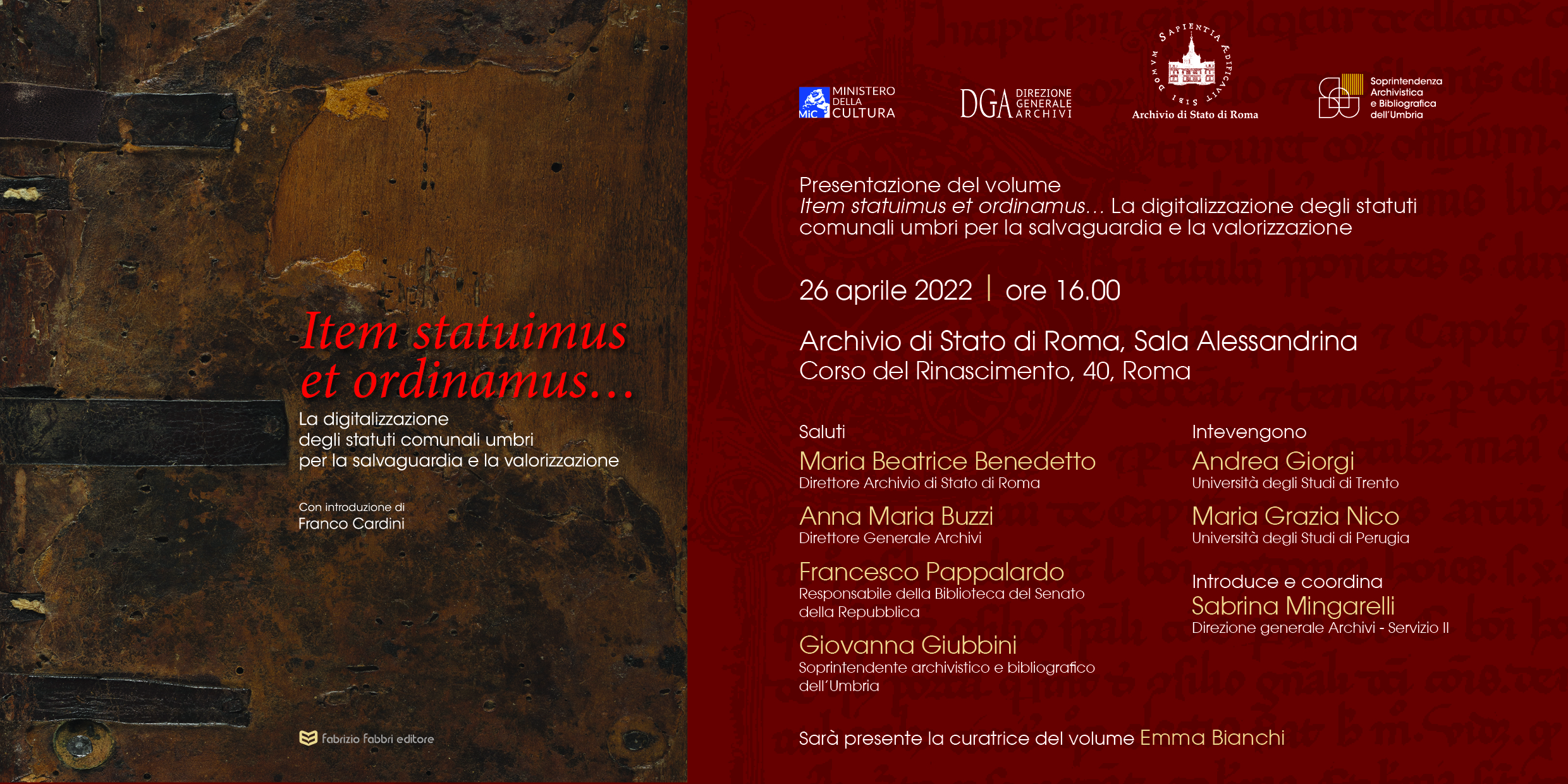 Online la presentazione del volume "Item statuimus et ordinamus… La digitalizzazione degli statuti comunali umbri per la salvaguardia e la valorizzazione"